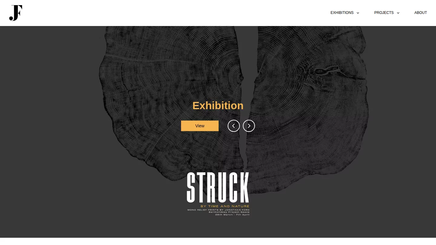 Jonathan Ford homepage showing the Struck exhibition over a tree-ring print
